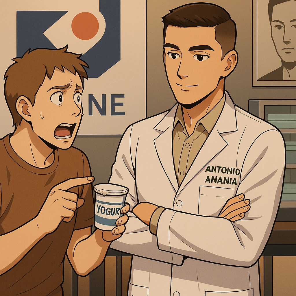 fai un webtoon manga a colori con questo stile, in cui un uomo chiede al kinesiologo con il camice bianco (fagli anche la scritta "ANTONIO ANANIA" SUL CAMICE, una domanda e il kinesiologo gli risponde, L'UOMO INDICA LO YOGURT CHE HA IN MANO ED è MOLTO ALLARMATO NEL FARE LA DOMANDA. non fare i fumetti però, fai solo in modo che sembri stiano parlando emoji