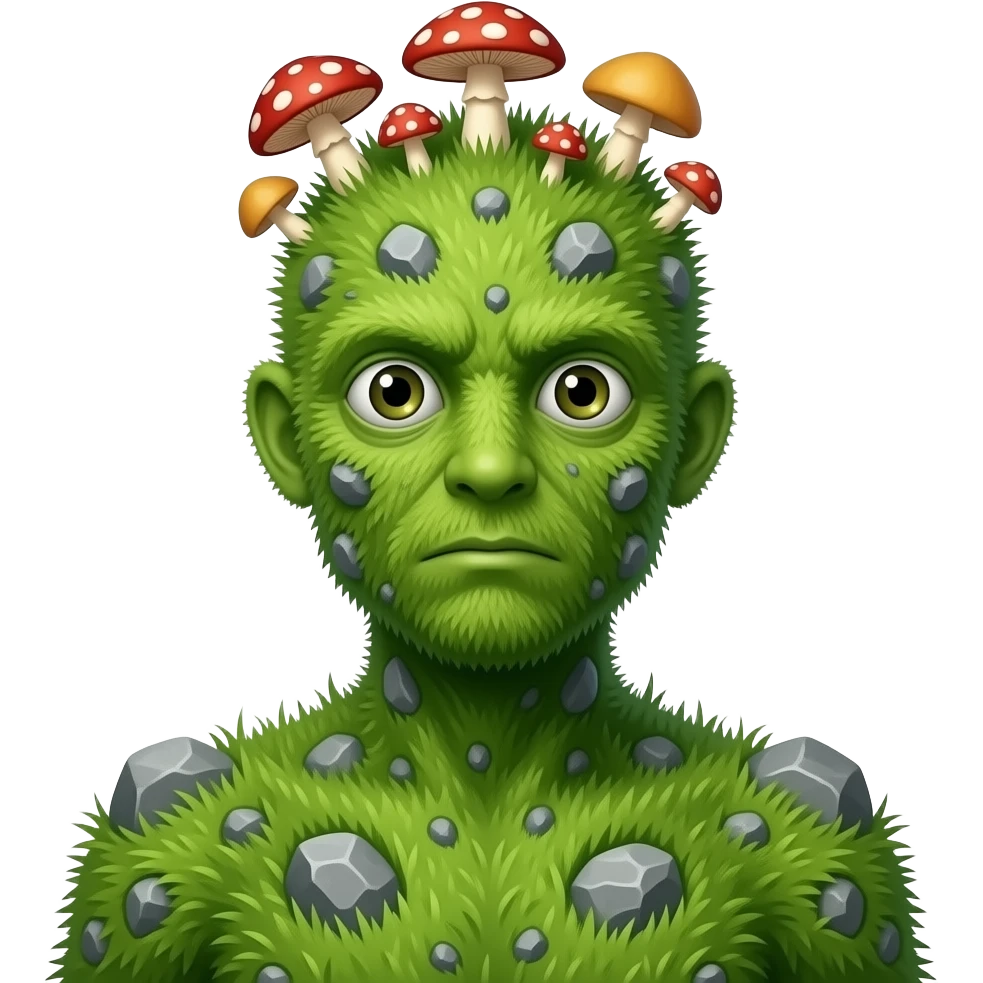 A humanoid thing with grass on it with rocks on it different mushroom growing on its head with no ears or mouth one single eye emoji