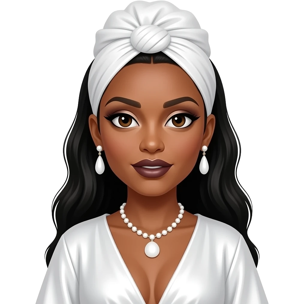 India Arie with dark brown eyes, long black hair, white eyeshadow, dark brown lipstick, white elegant head wrap, white metallic caftan dress, white necklace and earrings emoji