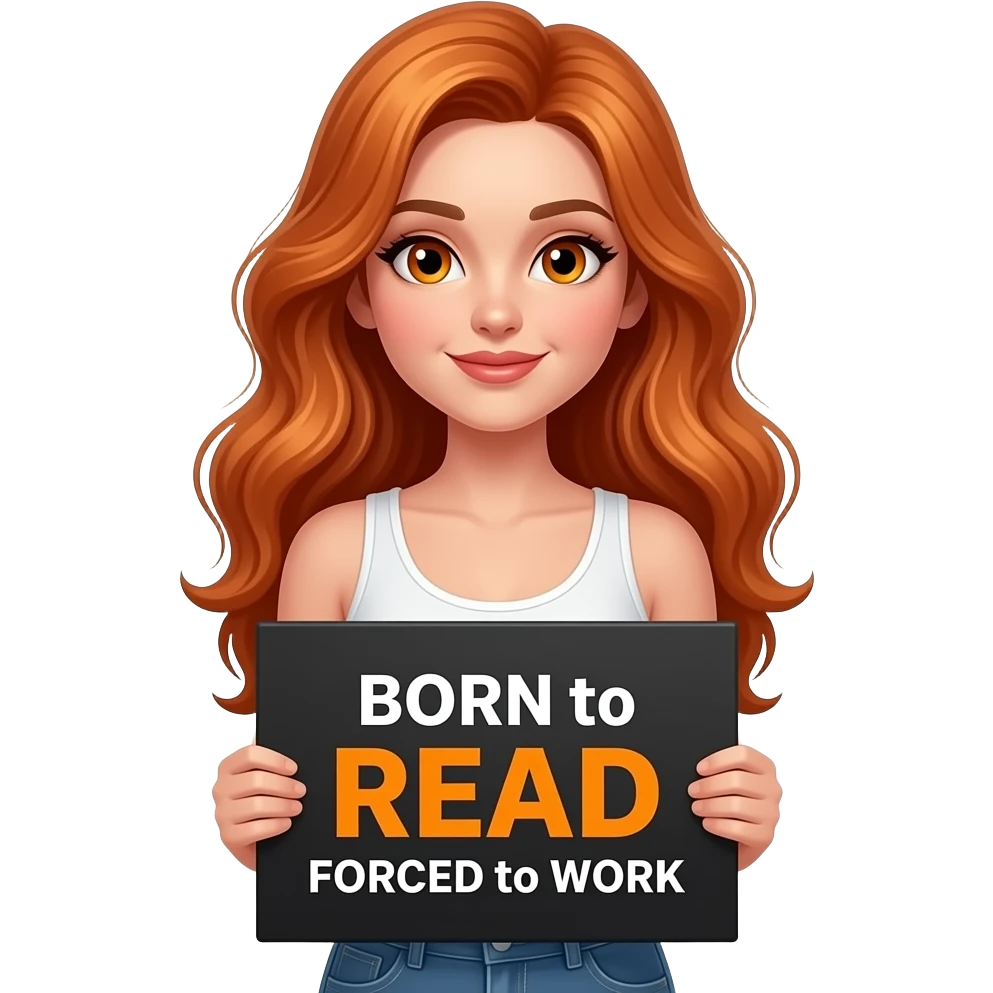 sexy girl with long wavy ginger hair and ginger eyes wearing a white tanktop is holding a black colored sign with BORN to READ FORCED to WORK written on it emoji