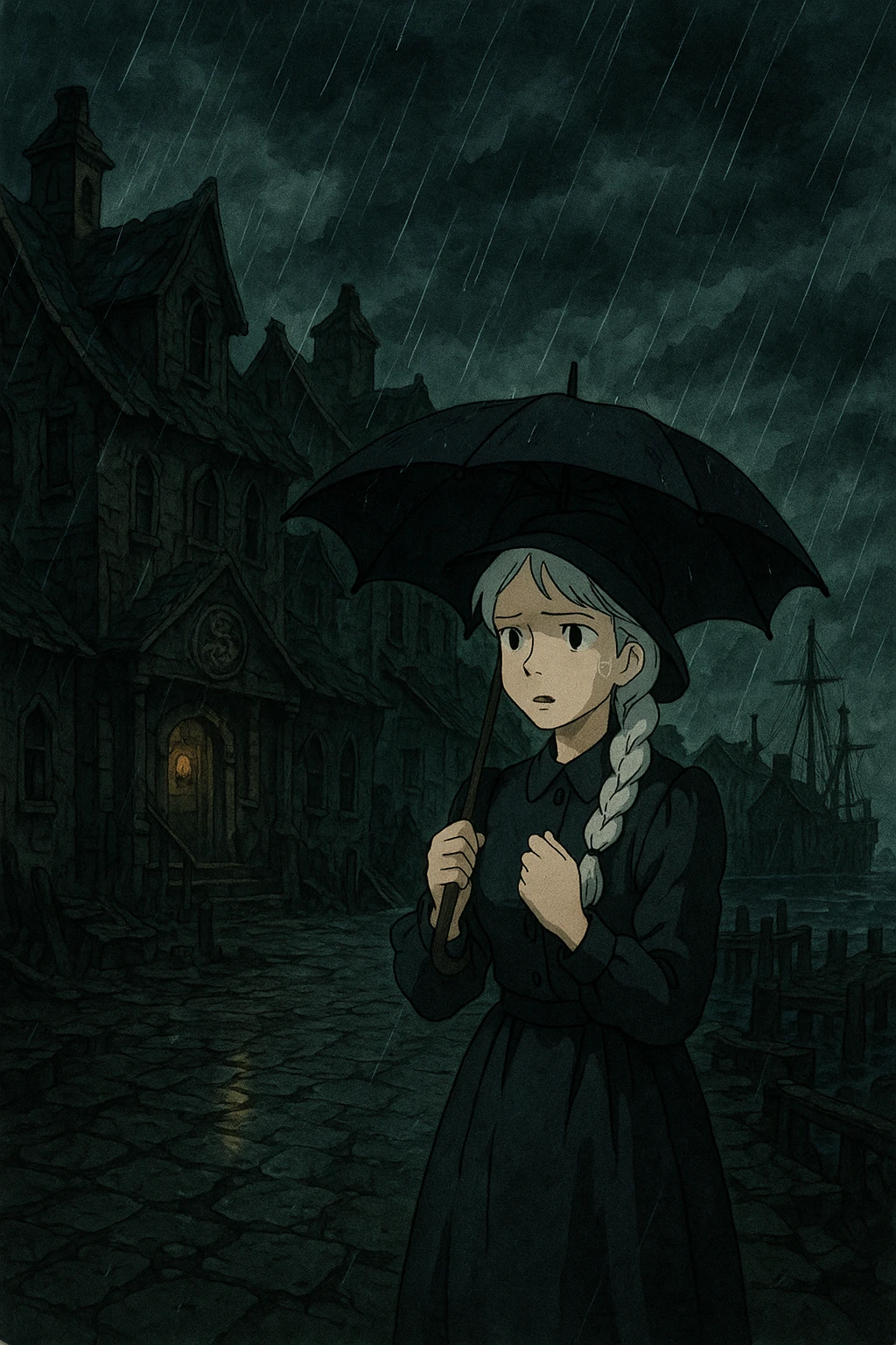 A dark port town, poverty, abandoned stormy, horror novel, innsmouth, cult of Dagon, there is 1 female with a long white braid and traditional 1930's dress clothes, dark dress, shielding herself from the rain emoji