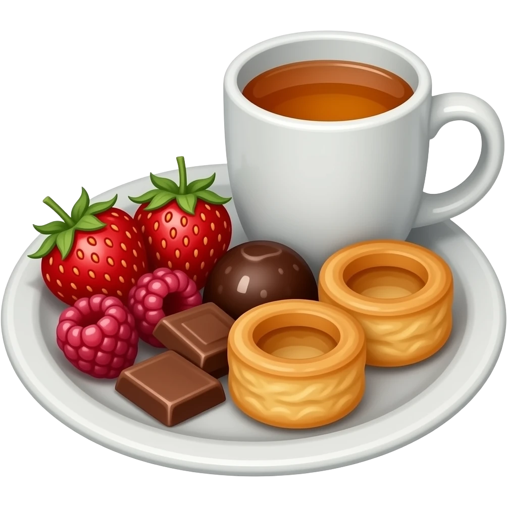 emoji-style illustration of a cozy snack plate for a reader, filled with strawberries, raspberries, chocolate, small pastries, and a cup of tea, bookish vibe, minimal background, no characters emoji