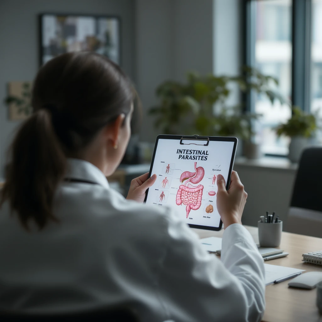 cinematic, realistic photo from behind of two doctors in a modern office, focused on a chart with intestinal parasites, dramatic lighting, 2:3 aspect ratio emoji