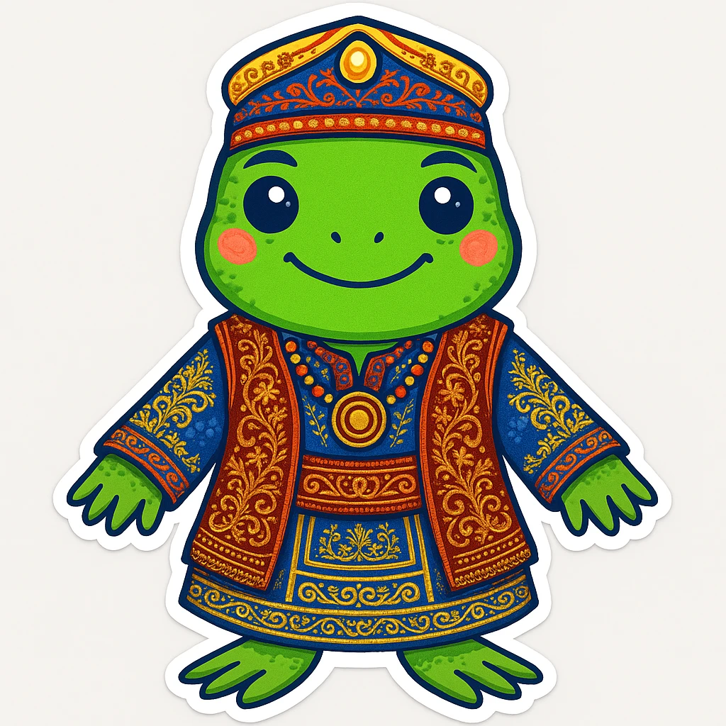Add more intricate details to the Bashkir national costume, such as embroidery and accessories, while keeping the playful frog design (sticker style) emoji
