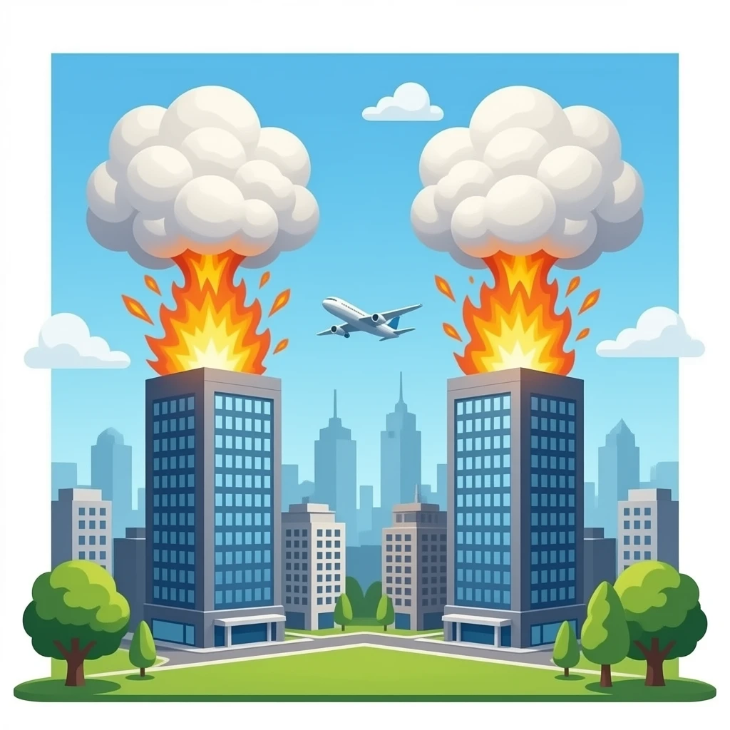 Two identical square skyscrapers exploding with planes emoji