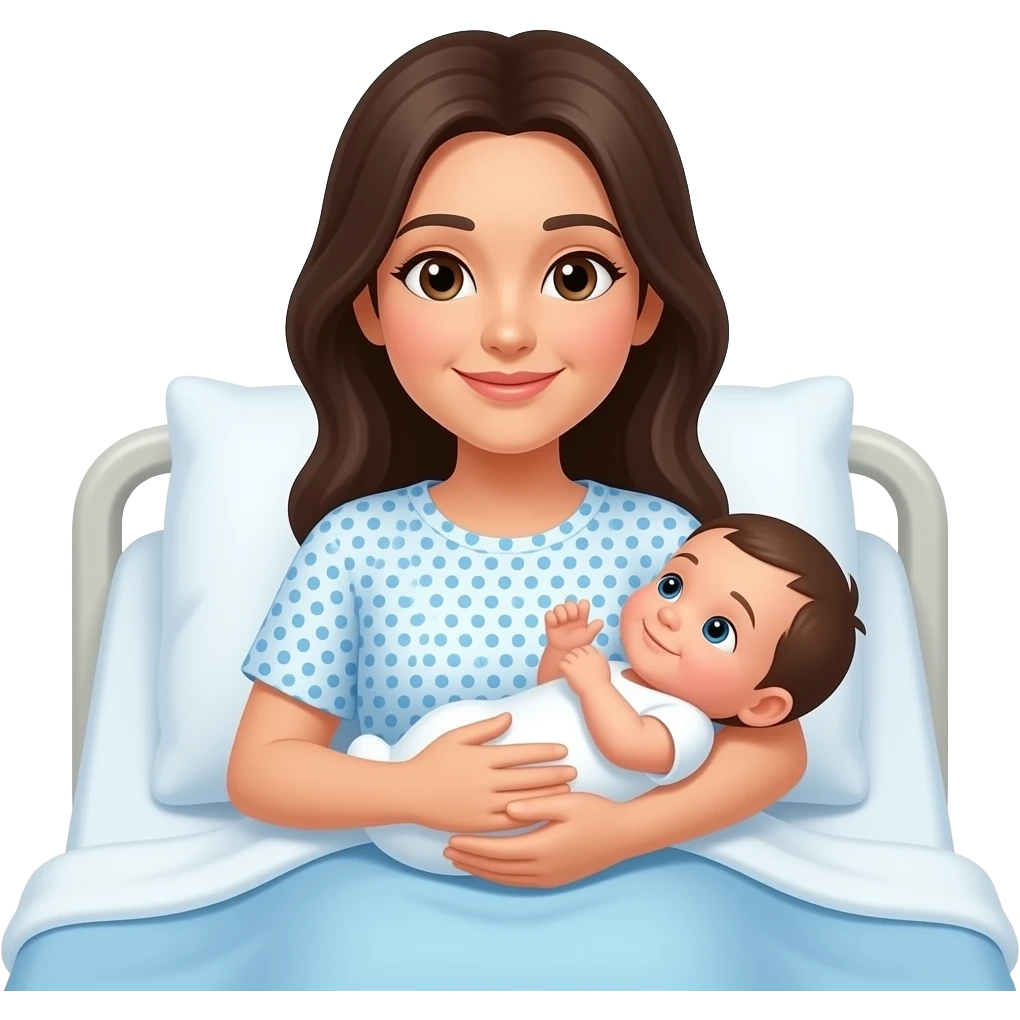 A mother on hospital bed with newborn baby boy emoji