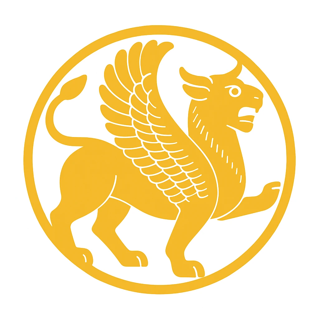 Transform the Persian flying lion emblem into a simplified emoji version, keeping the gold color and stylized ancient look. Make it clear and recognizable as an emoji while preserving the emblem's historic style. emoji