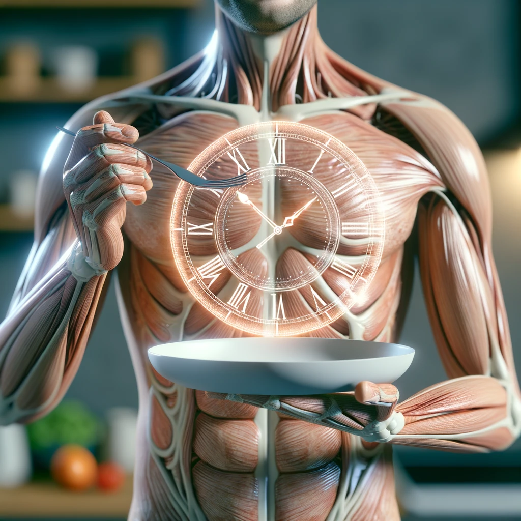 corpo umano anatomico, che tiene in mano un piatto bianco con la lancette di un orologio sopra, figura visibile fino ai fianchi, espressione del volto soddisfatta, sullo sfondo la sua cucina sfocata, iperrealistico 4k emoji