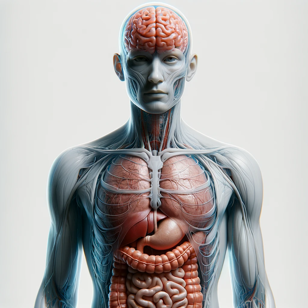 corpo umano anatomico con cervello, intestino e stomaco in evidenza, espressione neutra in volto, posa frontale, iperrealistico 4k, isolato su sfondo bianco emoji