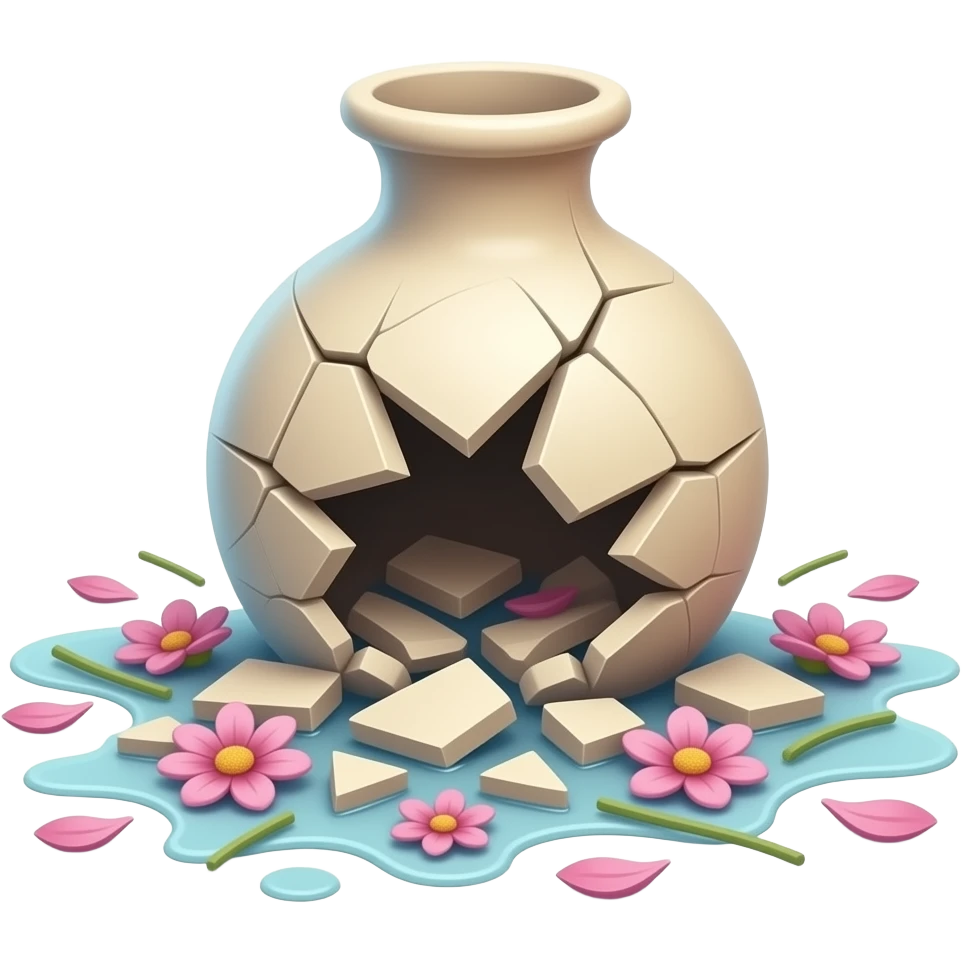 A shattered vase on the floor, broken into pieces. Flowers scattered around with petals and bent stems, water spilled creating small puddles. emoji