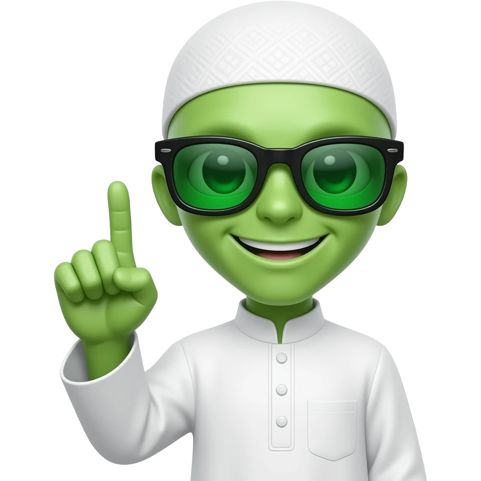 Green Alien smiley teeth  face with black sunglasses with green reflection sunglasses and Muslim white cloths and pointing his finger up emoji