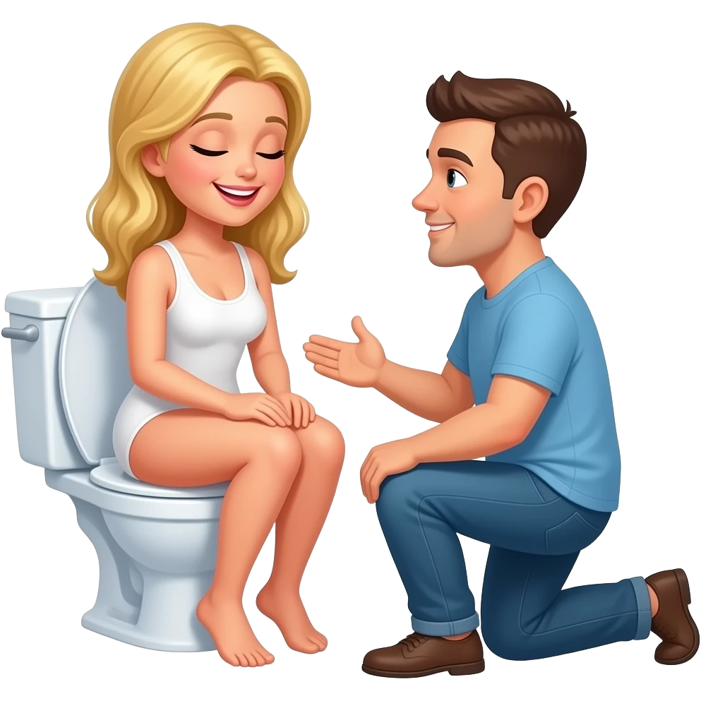 NUDE blond woman sitting on toile. Smiling. Eyes closed. Man kneeling in front of her emoji