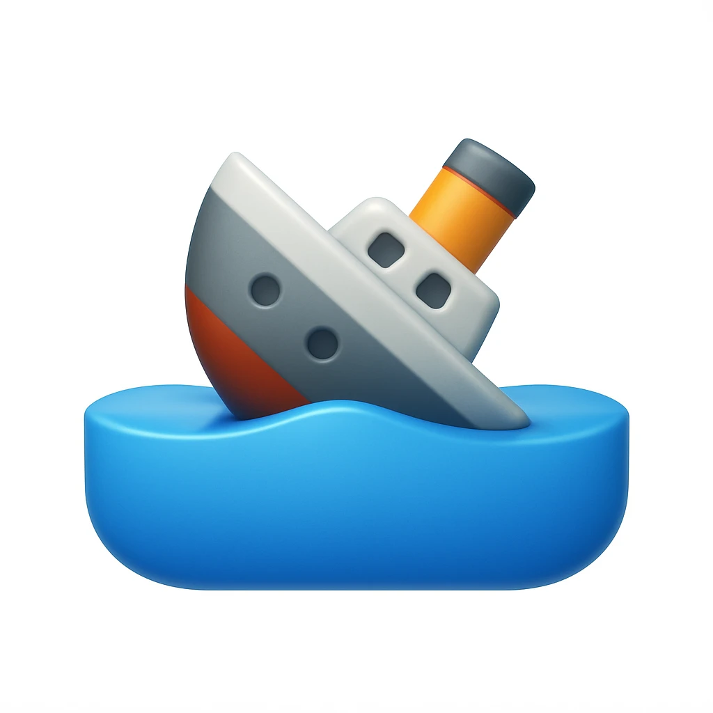 A 3D emoji in iOS emoji aesthetic style of a ship almost completely submerged underwater, with only the back tip of the vessel still visible above the ocean surface, calm blue water, no waves, glossy Apple-style design, clean white background

 emoji