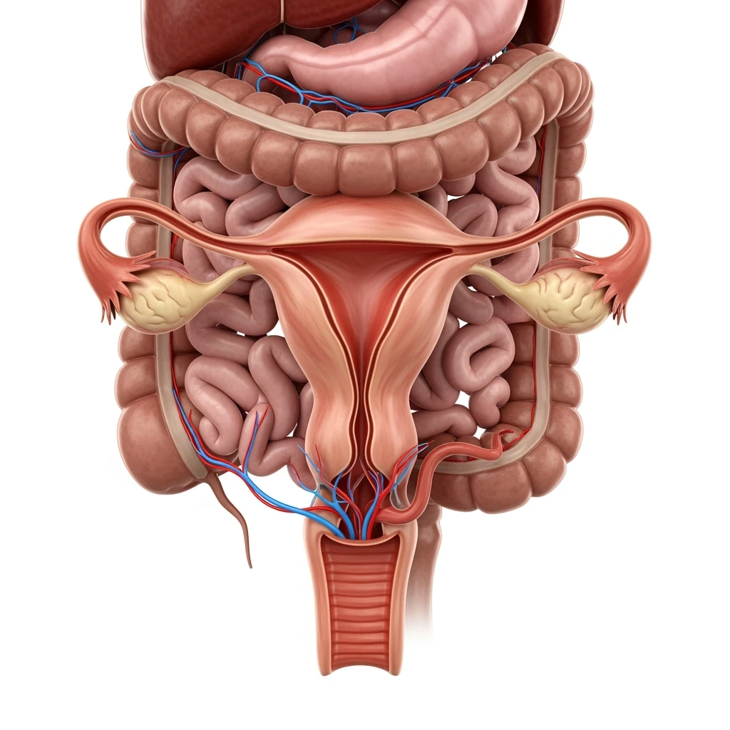 UTERO UMANO ANATOMICO COLLEGATO AD INTESTINO, iperrealistico 4k, SFONDO BIANCO emoji