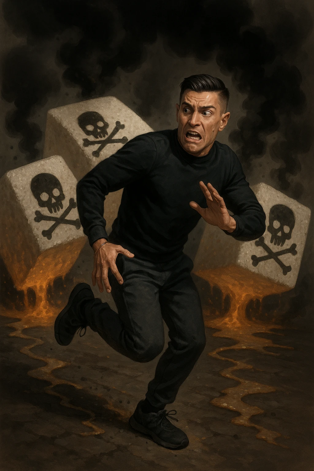 Create an image of a man in his thirties inspired by the face in the reference photo, fleeing with a scared expression. He is running away from huge stylized sugar cubes depicted as toxic, with dark halos, poison symbols like skulls, and black smoke. On the ground, there are traces of sugar melting and corroding whatever they touch. The man appears determined to escape, dressed in sporty or casual clothes. The atmosphere is dark but dynamic, with strong symbolism of sugar as a harmful substance. emoji