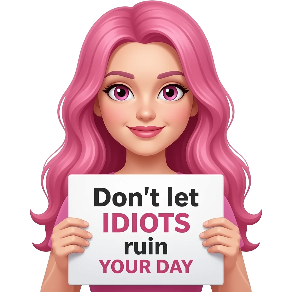 sexy girl with long pink hair and pink eyes holding Don't let IDIOTS ruin YOUR DAY sign emoji