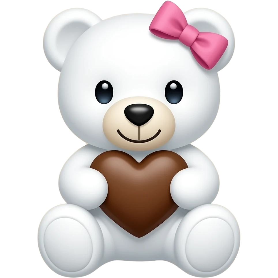 Osito blanco con un corazoncito cafe  ente sus manos  y un moño rosa en su cabeza pequeño con un fondo beige emoji