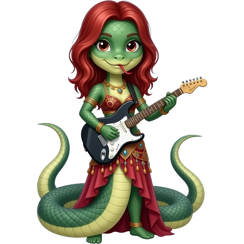 venomous snake with red medium hair length that plays an electric guitar with bellydance skirt emoji