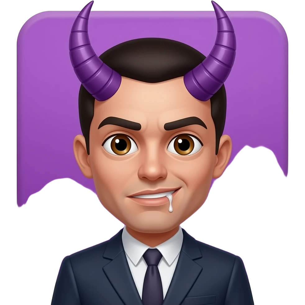 😈😜😏 mach ein violettes Quadrat, er davor  mit violetten Hörner, braune Augenfarbe und er soll etwas sabbern emoji