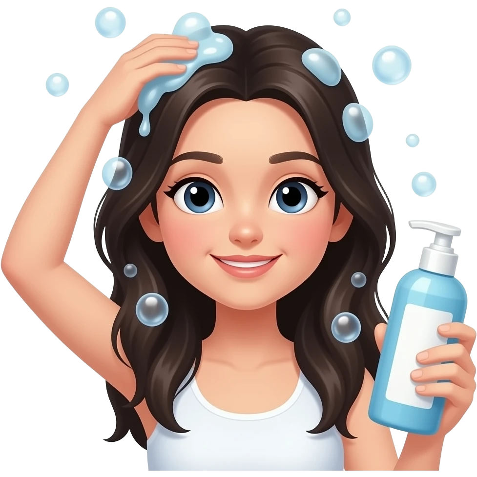 black hair girl washing hair with shampoo bubble and shampoo bottle emoji