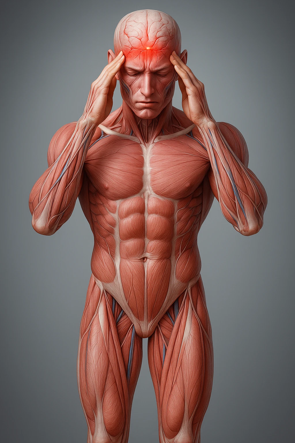 Full figure, hyperrealistic 4K medical illustration, exactly matching the style, pose, and composition of the reference: anatomical human body holding fingers on temples, contracted forehead, red spot on the forehead, expression of pain, clear background, extremely detailed, same lighting and style as reference. emoji