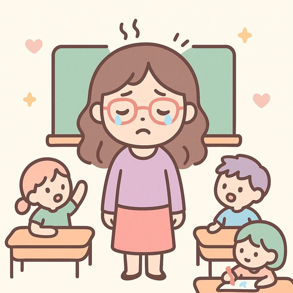 exhausted teacher in a bustling classroom emoji