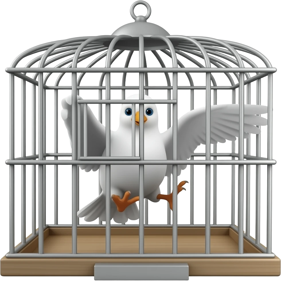 White bird in cage trying to flee emoji