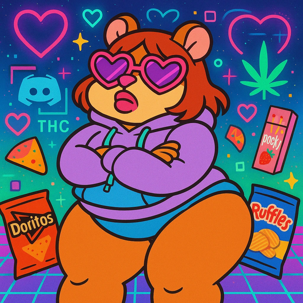 Vibrant, square Discord server icon for 'The Hamster Cult (THC)'. Central character: thick tan anthro cute hamster girl with big thighs, chubby tummy, pouty lips, and a bratty attitude, wearing a pastel hoodie and heart-shaped sunglasses. Colorful, vaporwave-inspired background with neon hearts, fruitger aero and webcore pixel details, weed leaf, subtle 'THC' logo, and surrounded by nostalgic snacks. Playful, bratty, chaotic but polished, perfect for a Discord icon. emoji