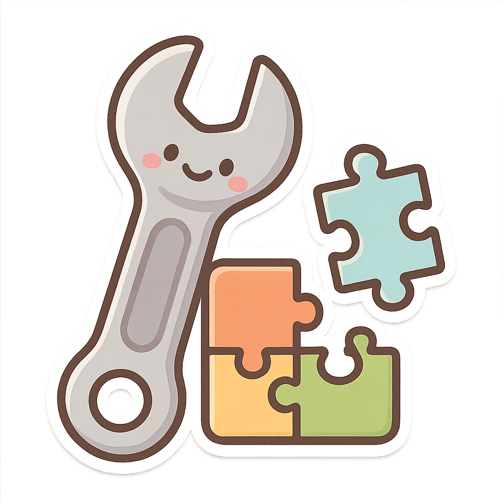 friendly cartoon chibi sticker style wrench and puzzle, theme of modifications, transparent background emoji