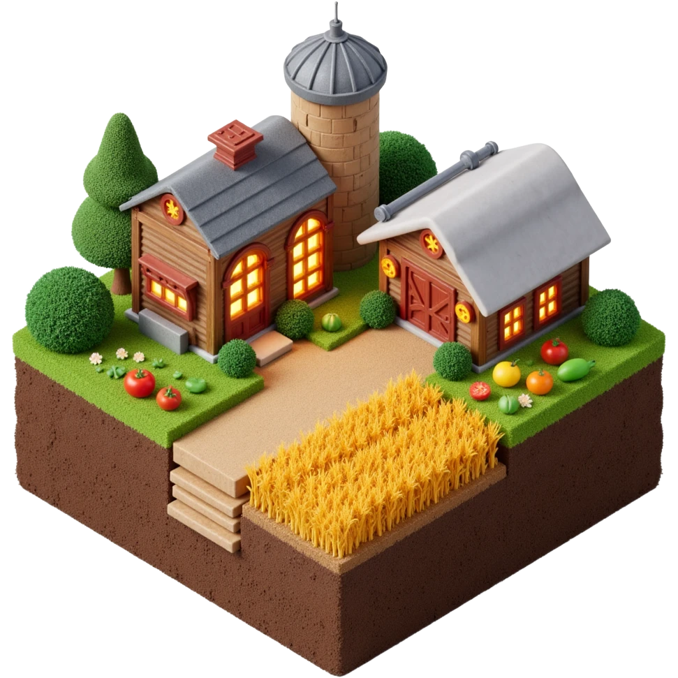 Farm with glowing neon lights across buildings and pipes, visible soil foundation, golden wheat fields and colorful vegetables, skeuomorphism style emoji