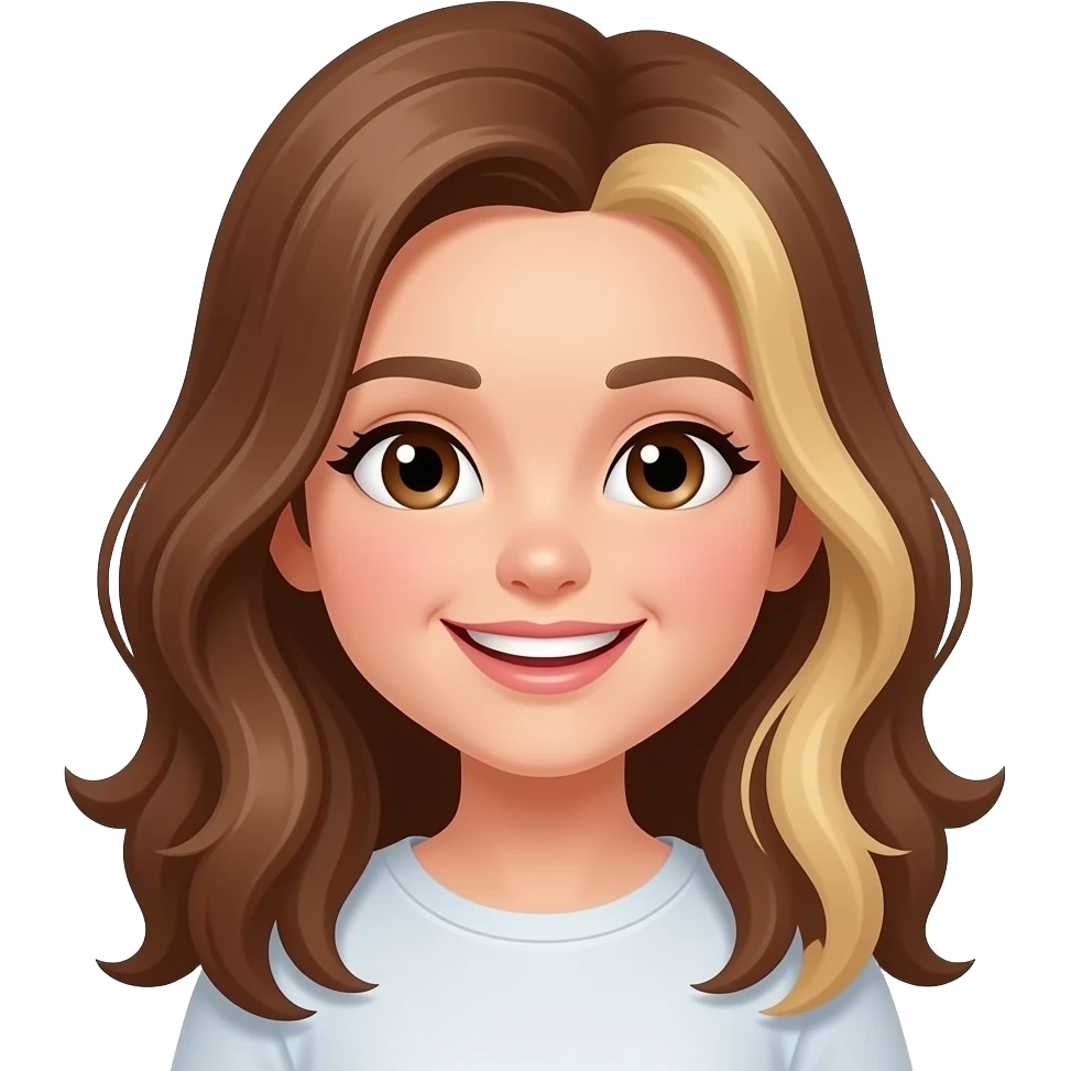 Un emoji donde la chica sea muy muy  risada con el cabello largo color castaño y con las puntas rubias ojos café oscuros y sonrisa suave emoji