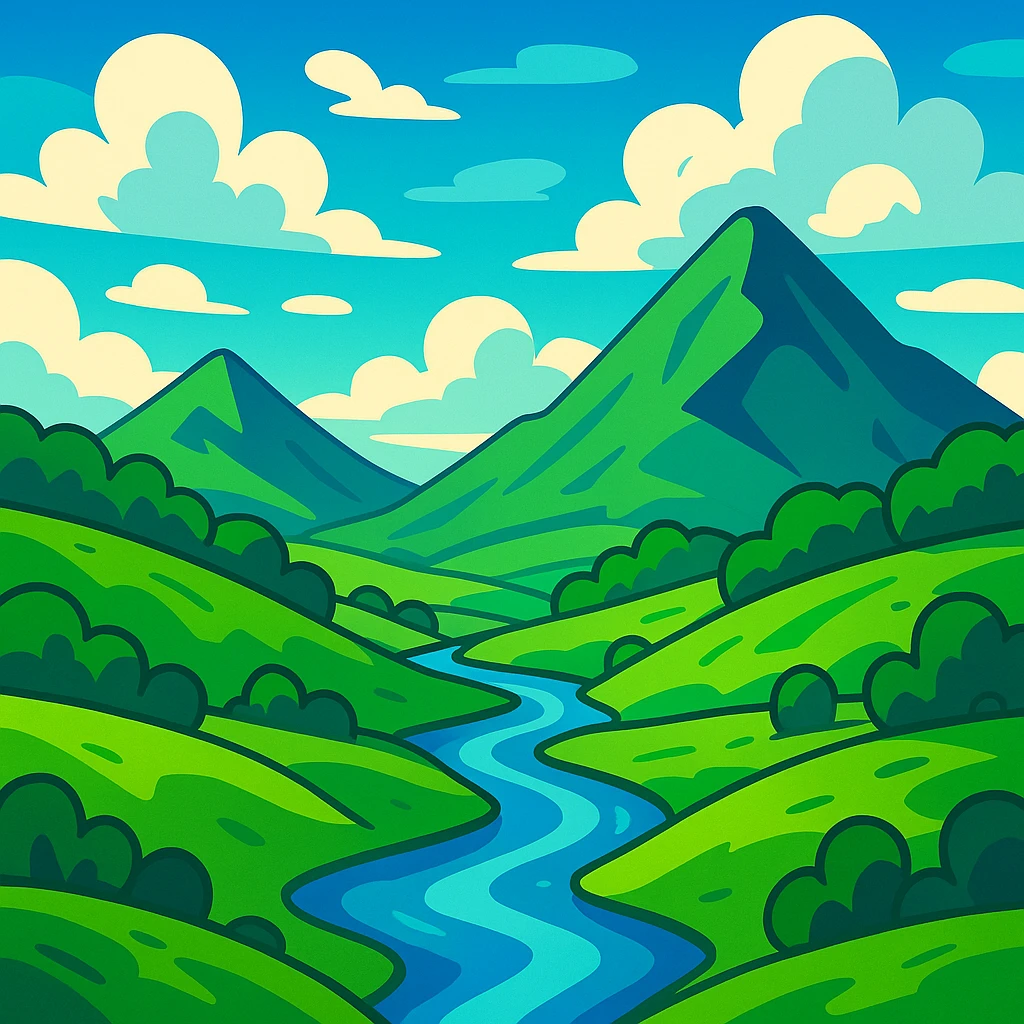 a lush green valley with a river, vibrant cartoon style emoji