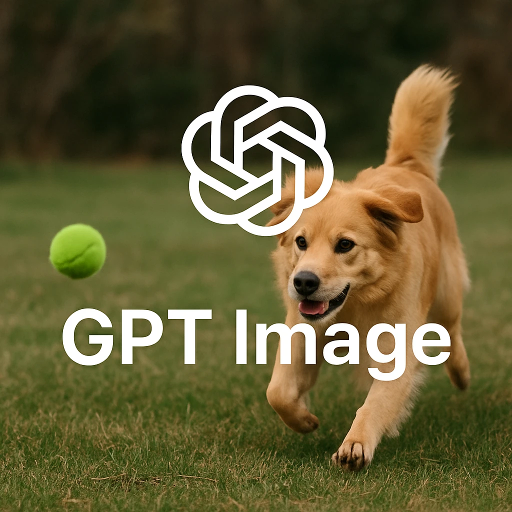 logo of chat gpt with text "GPT Image" on the background of a dog chasing ball, realistic image emoji