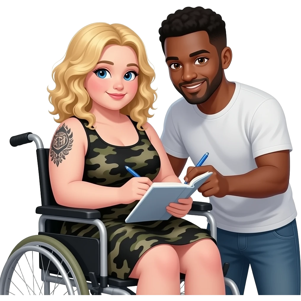 Plus size girl in a wheelchair , Blonde curly hair, blue eyes, black tattoos on right lower arm, wearing no sleeve black camo summer dress & African American man with black hair, brown eyes, NO facial hair best friends Best friends writing above emoji