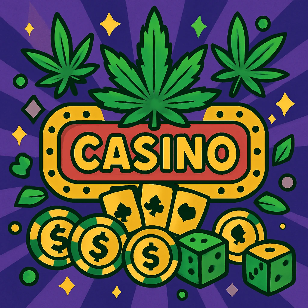 casino board with cannabis leaves, vibrant colors, playful style emoji
