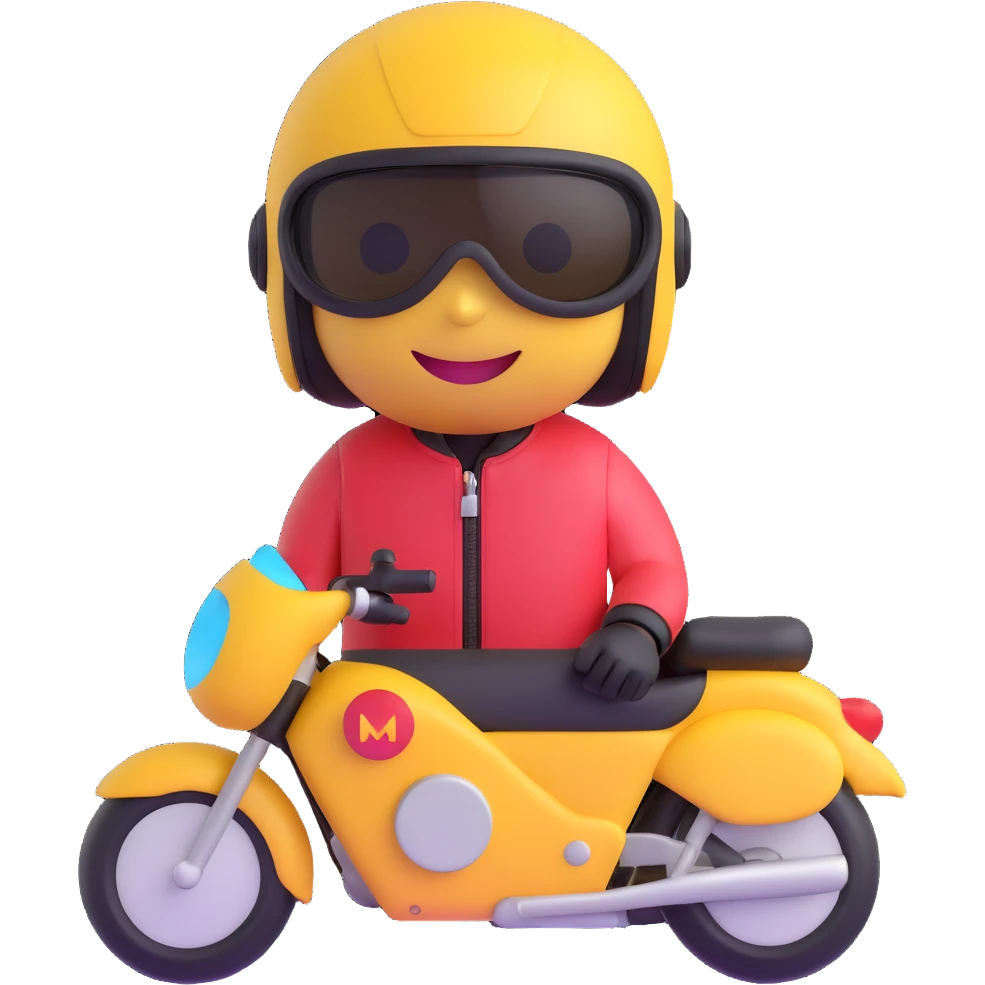 3D smiley emoji, round shape, sport motorcyclist: colorful motorcycle suit, sport helmet, youthful face emoji
