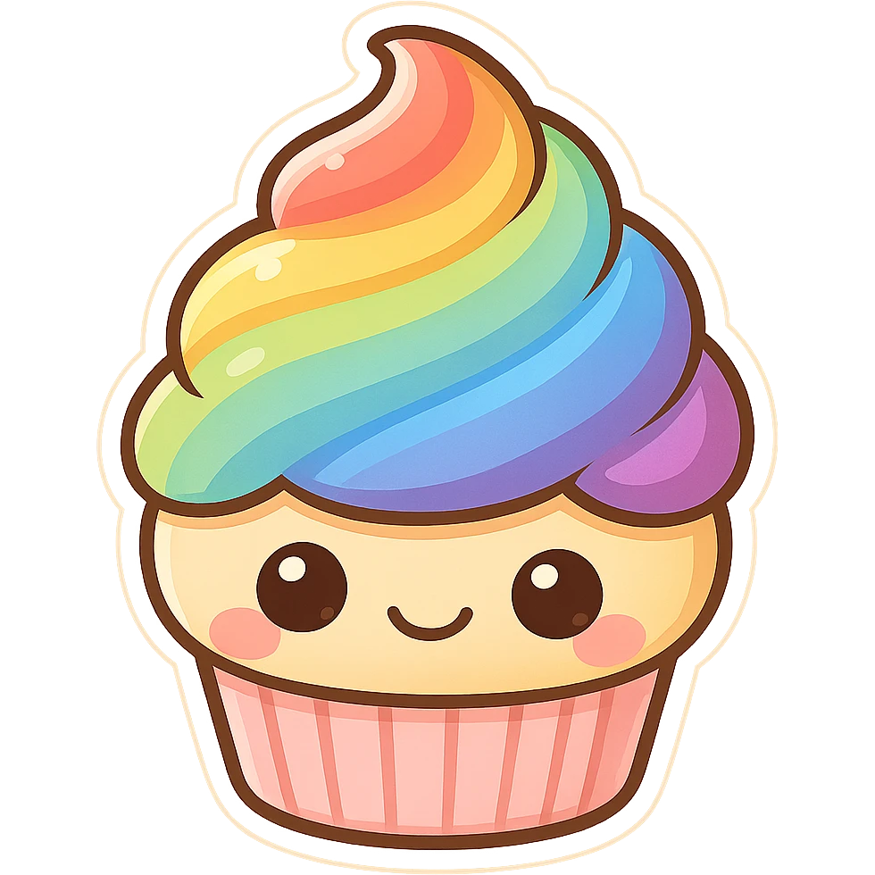 cute and exaggerated chibi sticker-style rainbow cupcake emoji