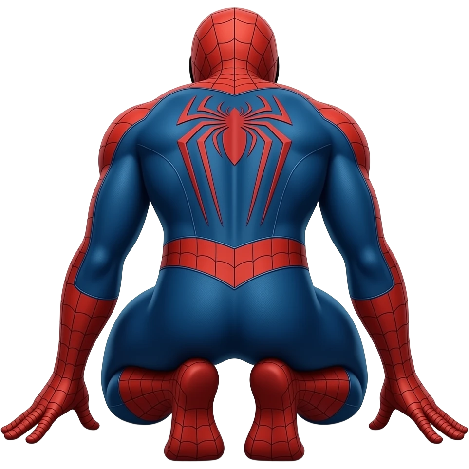 spiderman but only the back side of him kneeling down with his feet on his tip toes and his hands in between his feet, while he is slightly hunching over looking down emoji