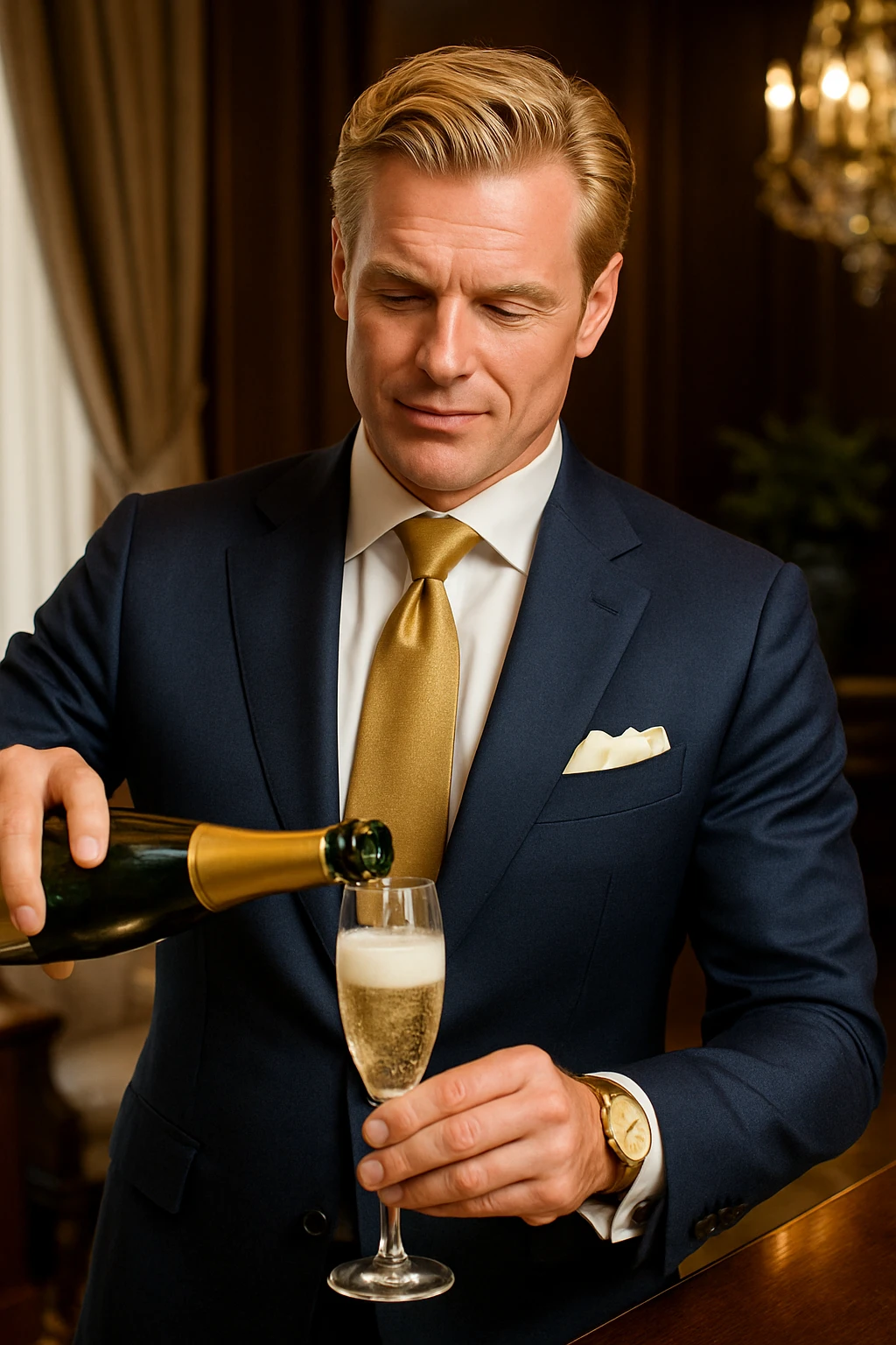 A strong, wealthy, smart, opulent white man with blonde hair, looking healthy and well-suited, pouring a glass of champagne. emoji