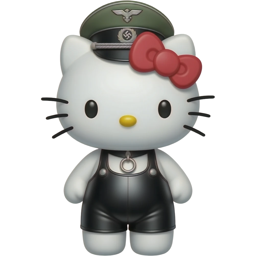 hello kitty representada de cuerpo entero como Dominatrix BDSM fetichista vestida de latex ajustado y O-ring harness, gorra militar estilo de las SS alemana, no simbologia nazi, emoji