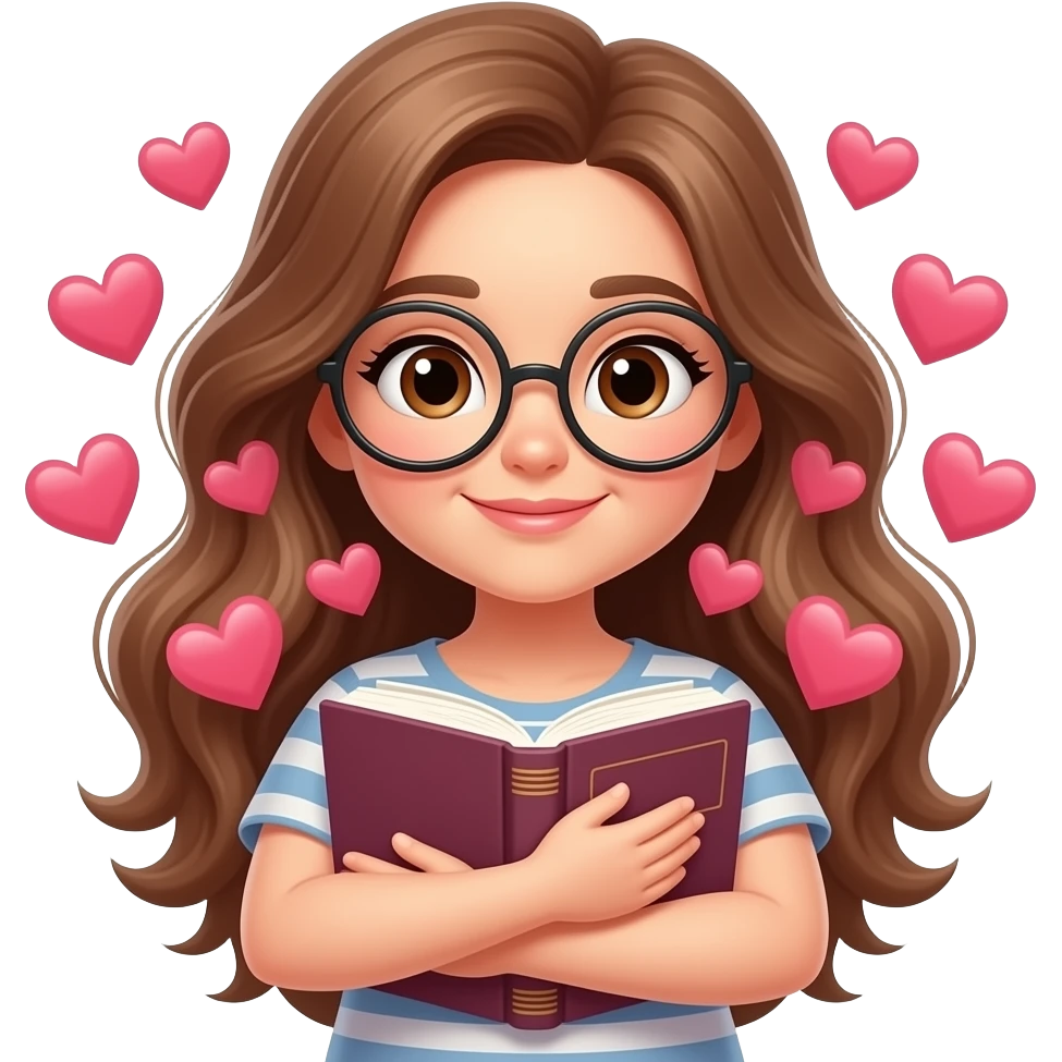 detailed emoji illustration of a curvy woman with long light brown wavy hair, light brown eyes and round glasses hugging a book with hearts around her, in love with the story, cute emoji style emoji