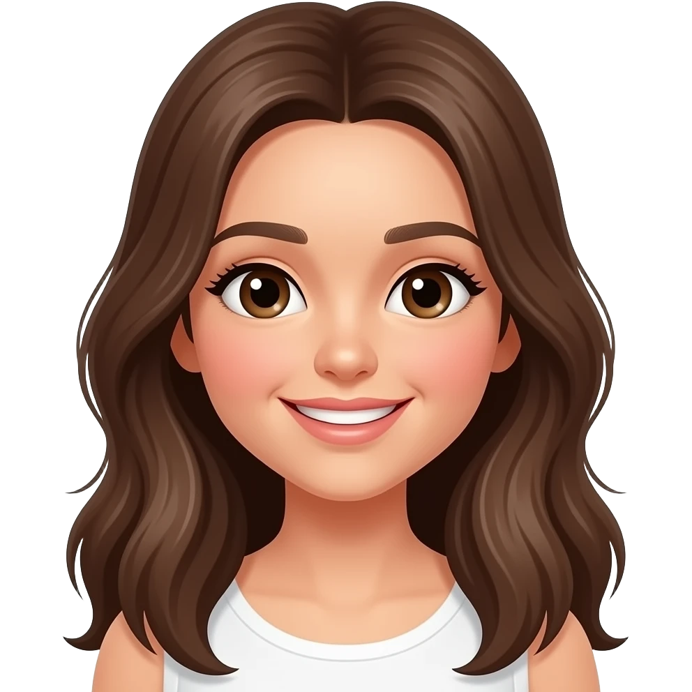 Rostinho feminino com sorriso leve, olhos brilhantes, bochechas rosadas, cabelo solto e um ✨ + 💖 delicados. emoji