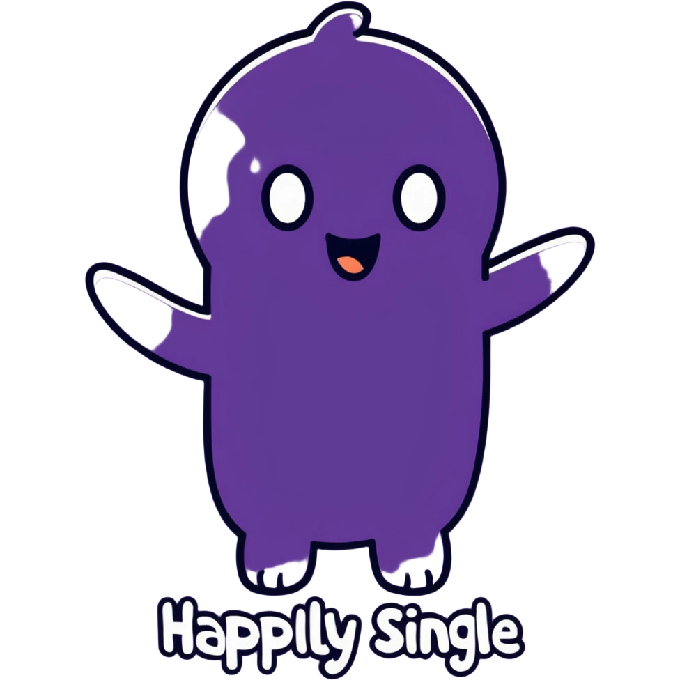 "happily single!" typography white color lettering on dark purple graphic tshirt, isolated. No emoji icons, no emoji faces, no human figures, 4k hd quailty emoji