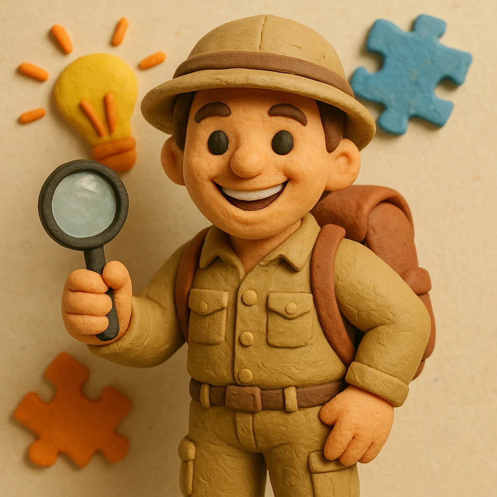 Create a realistic emoji character named Master Hunt. He is a young adult with short brown hair, wearing a casual explorer outfit that includes a button-up shirt and cargo pants. He has a backpack and a safari hat. In one hand, he holds a magnifying glass, and he has an enthusiastic smile on his face. The background should be light and vibrant, incorporating elements like light bulbs and puzzle pieces to symbolize creativity and a positive work culture. emoji