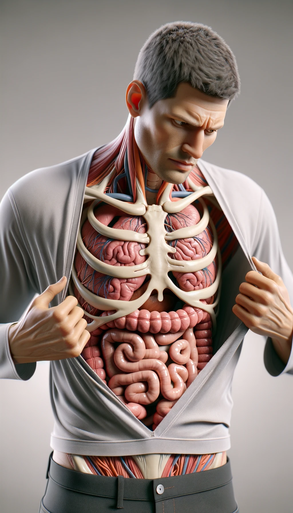 CORPO UMANO ANATOMICO CON INTESTINO UMANO ANATOMICO IN EVIDENZA CHE INDOSSA UNA MAGLIA SINTETICA, SI AFFERRA LA MAGLIA PER OSSERVARLA MEGLIO CON ESPRESSIONE DUBBIOSA IN VOLTO, SFONDO CHIARO NEUTRO, iperrealistico 4k emoji