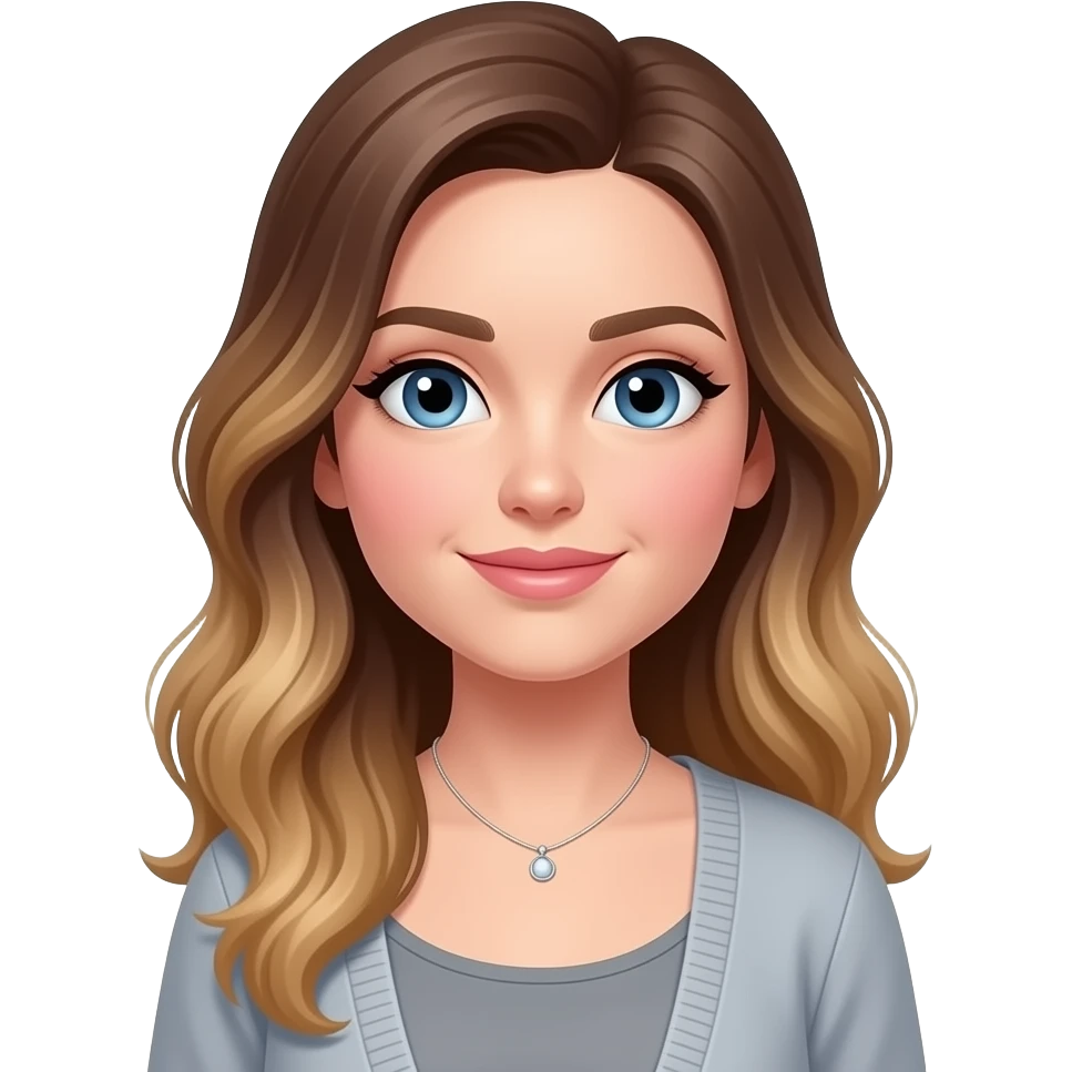 pink cheeks, smaller Blue eyes, light skin, longer brown/blond balage hair pony tail 38 aged women, cardigan, grey top,small necklace emoji