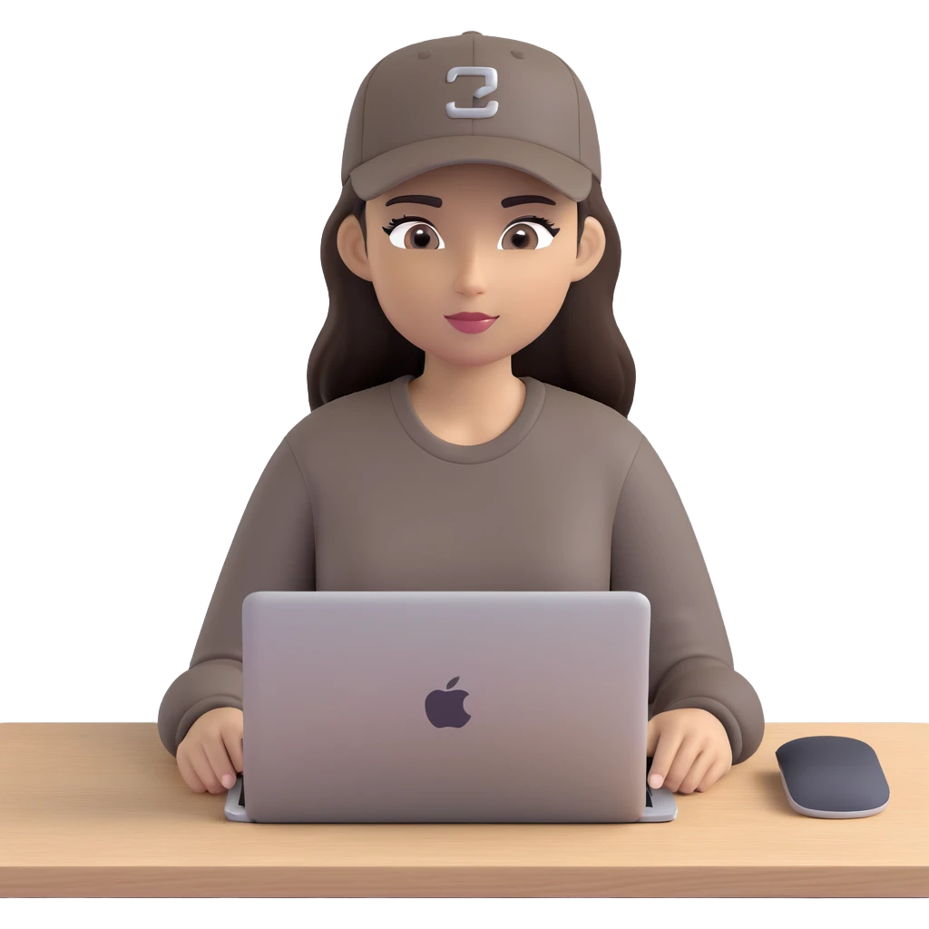 A professional 3D avatar of a young woman with olive skin and long, dark brown hair, wearing a dark, long-sleeved dark taupe shirt and a black baseball cap. She's sitting at a sleek wooden desk, typing on a silver MacBook. emoji