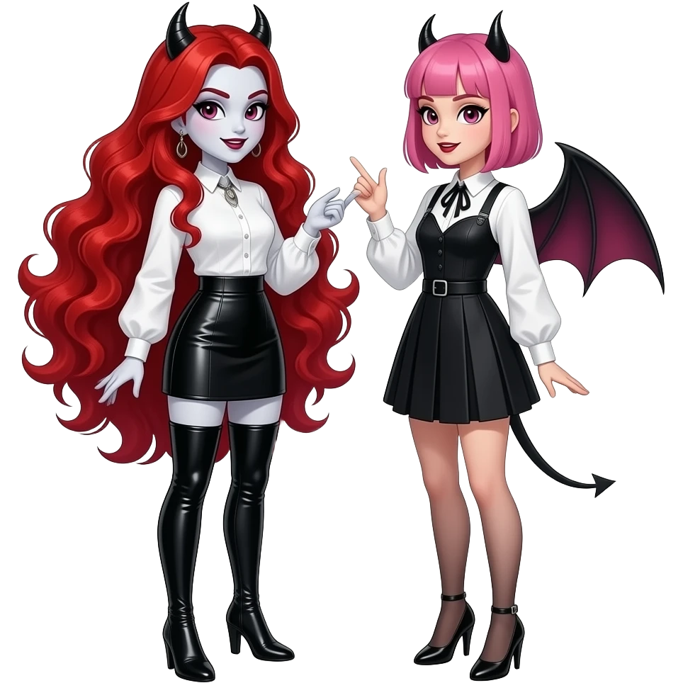 Vampiro femmina  con capelli lunghi rosso fuoco ondulati con pelle bianca che indossa degli stivali stretti lunghi, neri e con il tacco una gonna corta nera e una camicetta con le maniche lunghe bianca che chiacchera con una sua amica vampiro FEMMINA che ha i capelli con la frangia cortie rosa emoji