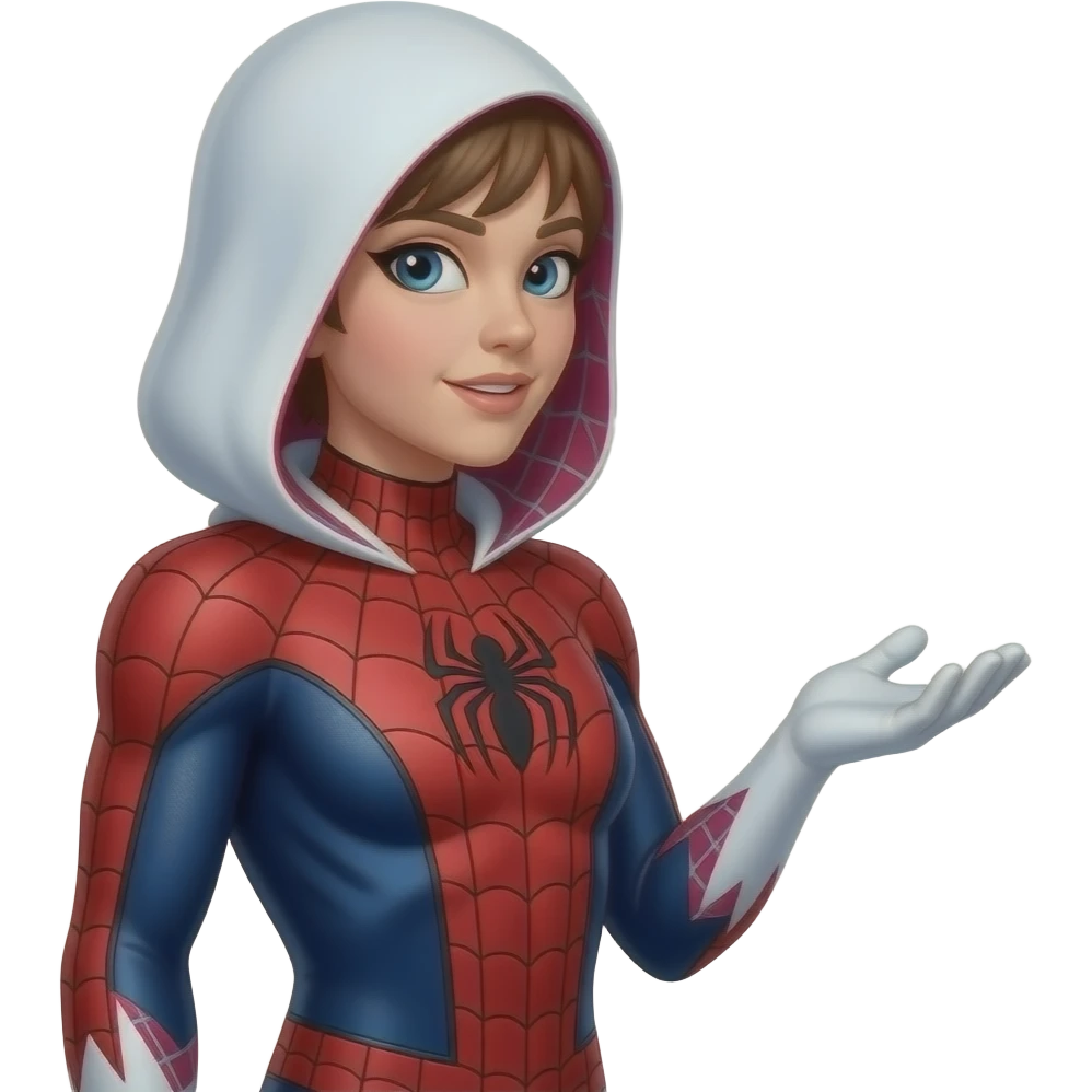 full standing spider gwen in proper classic spiderman suit with mask AND SPEAKING ( right side angle) emoji