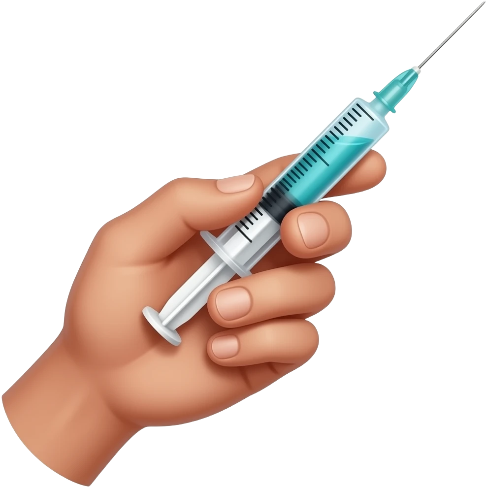 A dainty male hand holding a syringe with glowing neon-cyan-blue liquid inside emoji